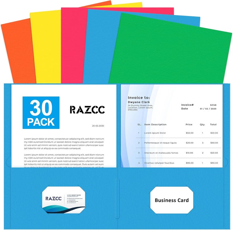 RAZCC Two Pocket Folders, 30 Pack File Folders with Pockets Fit Letter Size Paper, Thick Paper File Folder for School Office Business Home, Assorted 5 Colors - Image 1